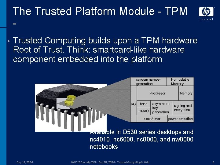 The Trusted Platform Module - TPM • Trusted Computing builds upon a TPM hardware