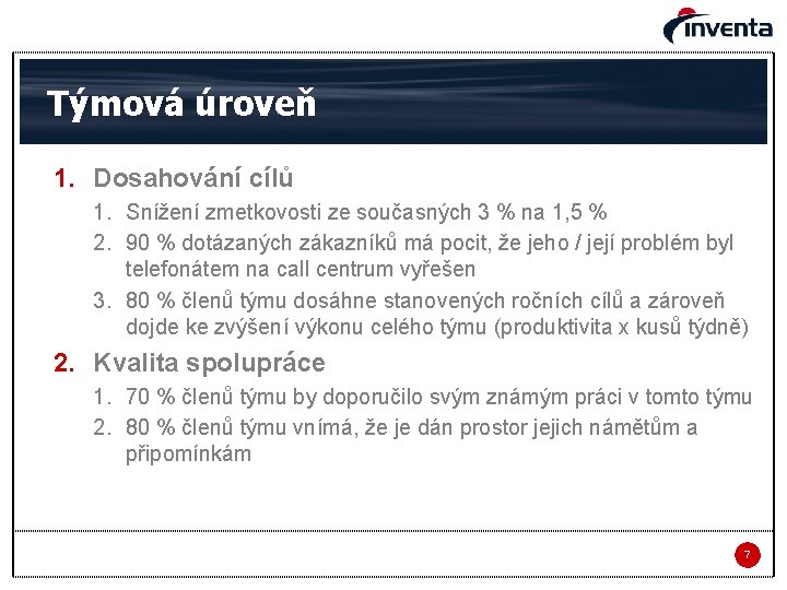 Týmová úroveň 1. Dosahování cílů 1. Snížení zmetkovosti ze současných 3 % na 1,