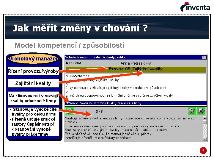 Jak měřit změny v chování ? Model kompetencí / způsobilostí Vrcholový manažer Řízení provozu/výroby