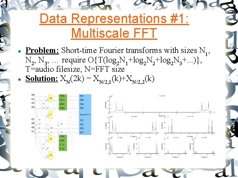 Data Representations #1: Multiscale FFT Problem: Short-time Fourier transforms with sizes N 1, N