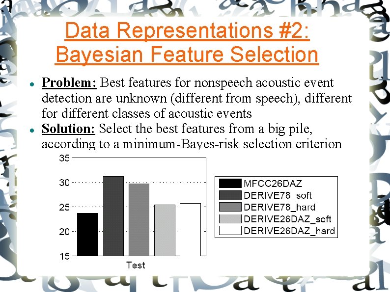 Data Representations #2: Bayesian Feature Selection Problem: Best features for nonspeech acoustic event detection