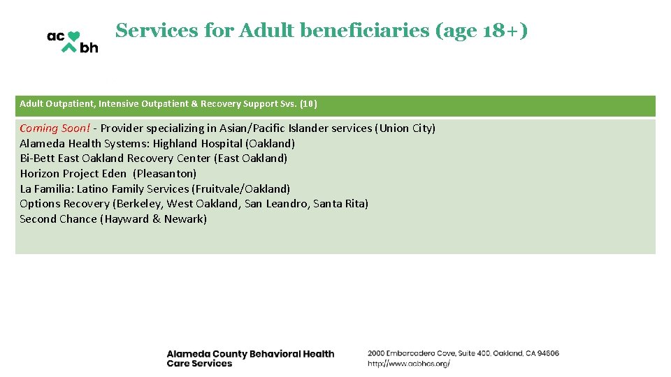 Services for Adult beneficiaries (age 18+) Adult Outpatient, Intensive Outpatient & Recovery Support Svs. Services for Adult beneficiaries (age 18+) Adult Outpatient, Intensive Outpatient & Recovery Support Svs.