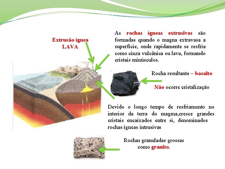Extrusão ígnea LAVA As rochas ígneas extrusivas são formadas quando o magna extravasa a