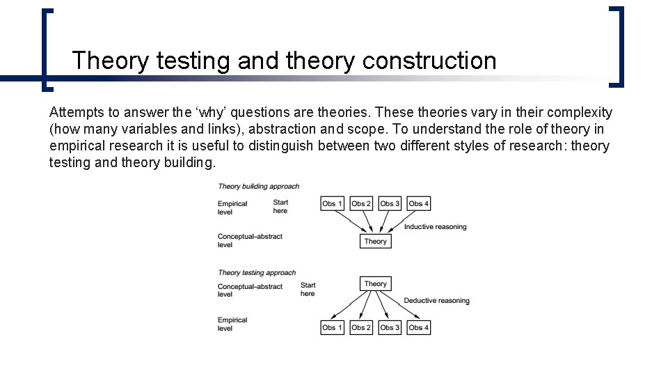 Theory testing and theory construction Attempts to answer the ‘why’ questions are theories. These Theory testing and theory construction Attempts to answer the ‘why’ questions are theories. These