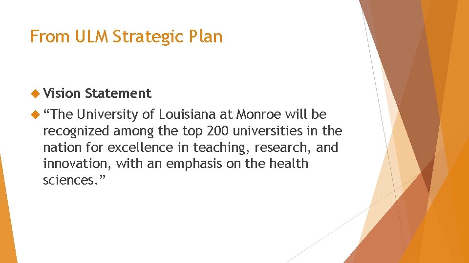 From ULM Strategic Plan Vision “The Statement University of Louisiana at Monroe will be