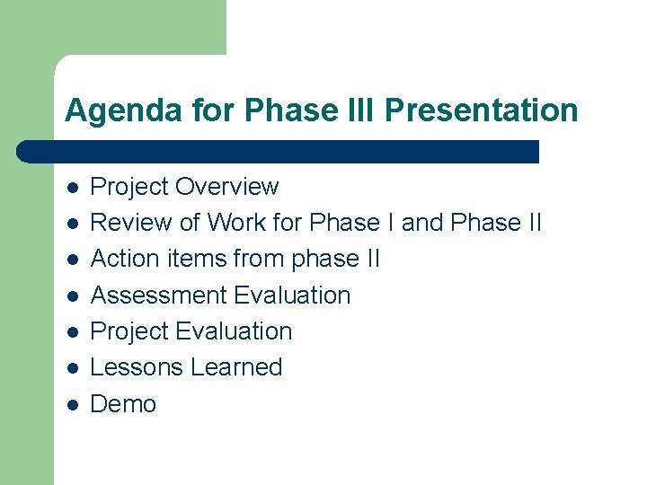 Agenda for Phase III Presentation l l l l Project Overview Review of Work