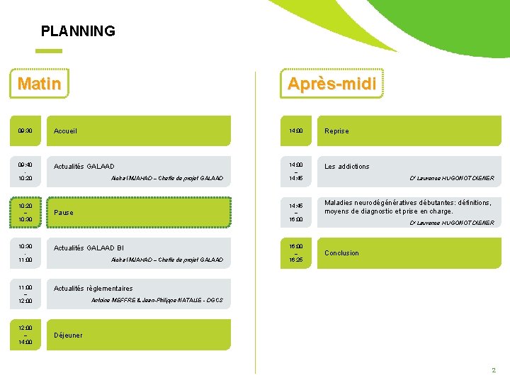 PLANNING Matin Après-midi 09: 30 Accueil 14: 00 Reprise 09: 40 10: 20 Actualités