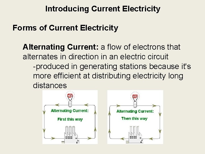 Introducing Current Electricity Forms of Current Electricity Alternating Current: a flow of electrons that
