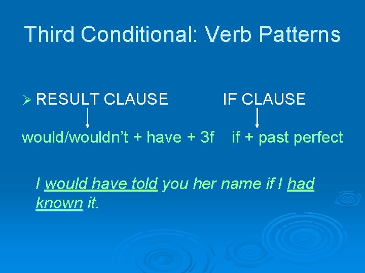 Third Conditional: Verb Patterns Ø RESULT CLAUSE would/wouldn’t + have + 3 f IF