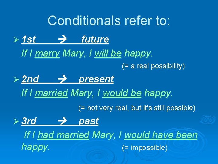 Conditionals refer to: Ø 1 st future If I marry Mary, I will be