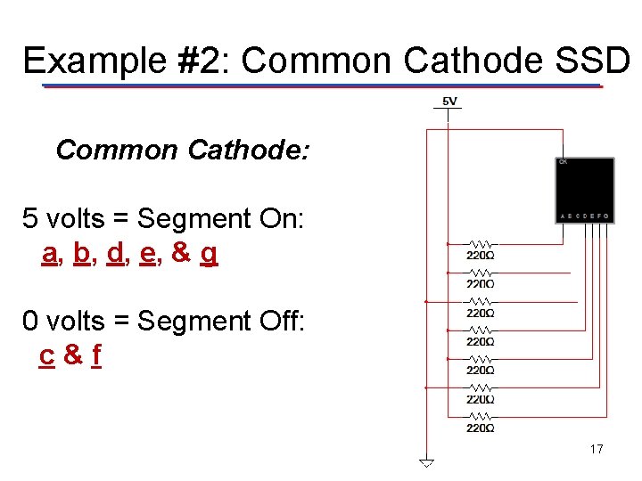 Example #2: Common Cathode SSD Common Cathode: 5 volts = Segment On: a, b,