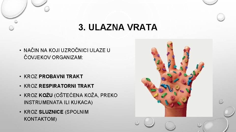 3. ULAZNA VRATA • NAČIN NA KOJI UZROČNICI ULAZE U ČOVJEKOV ORGANIZAM: • KROZ