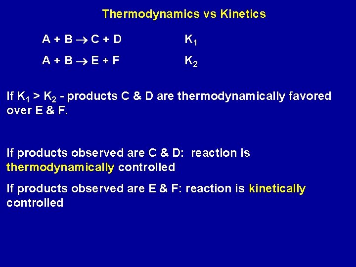 Thermodynamics vs Kinetics A+B C+D K 1 A+B E+F K 2 If K 1