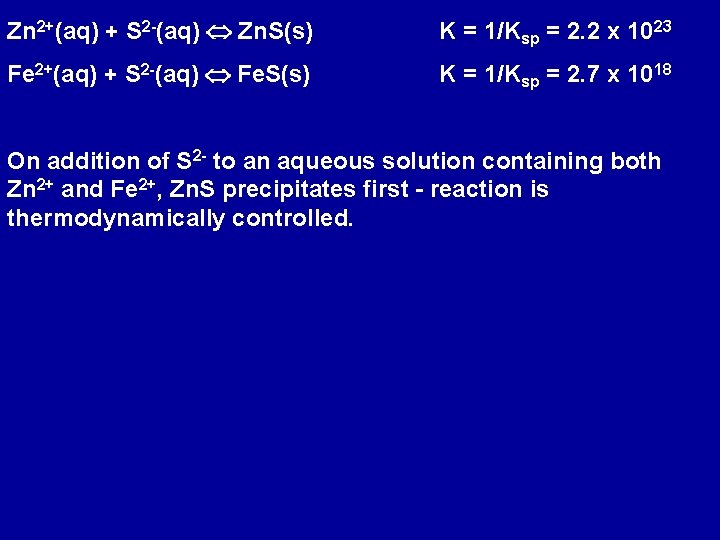 Zn 2+(aq) + S 2 -(aq) Zn. S(s) K = 1/Ksp = 2. 2