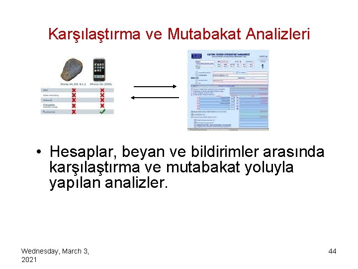 Karşılaştırma ve Mutabakat Analizleri • Hesaplar, beyan ve bildirimler arasında karşılaştırma ve mutabakat yoluyla