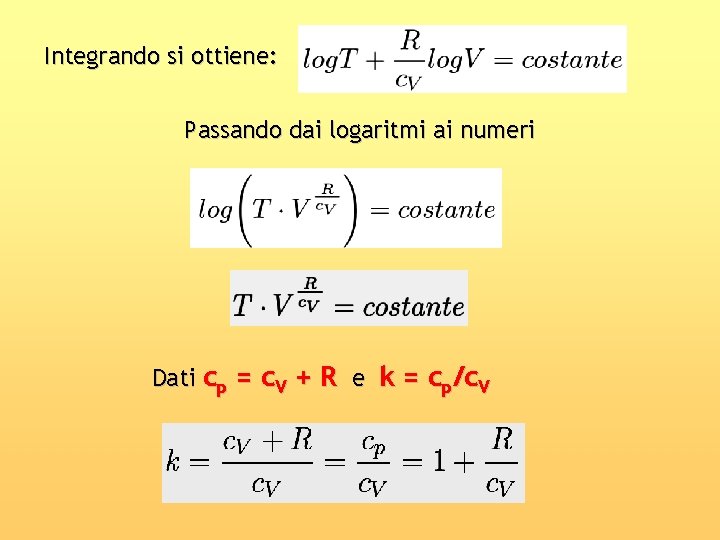 Integrando si ottiene: Passando dai logaritmi ai numeri Dati cp = c. V +