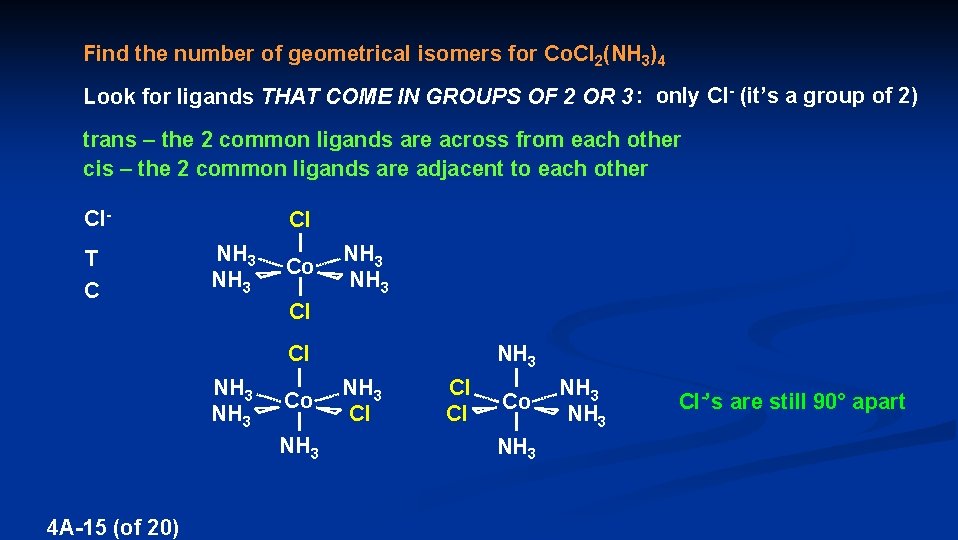 Find the number of geometrical isomers for Co. Cl 2(NH 3)4 Look for ligands