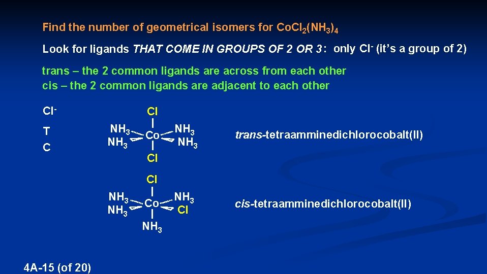 Find the number of geometrical isomers for Co. Cl 2(NH 3)4 Look for ligands