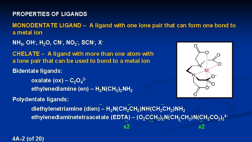 PROPERTIES OF LIGANDS MONODENTATE LIGAND – A ligand with one lone pair that can