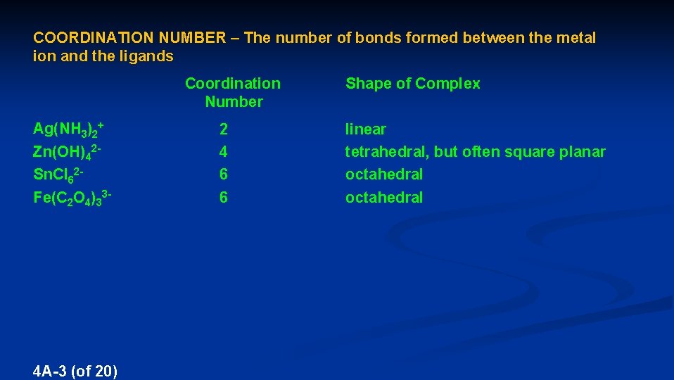 COORDINATION NUMBER – The number of bonds formed between the metal ion and the