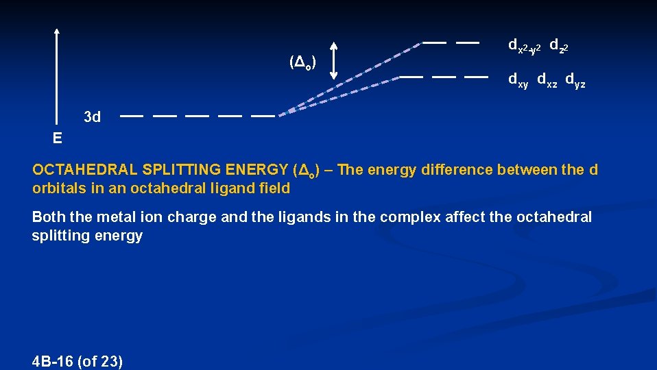 (Δo) dx 2 -y 2 dz 2 dxy dxz dyz 3 d E OCTAHEDRAL