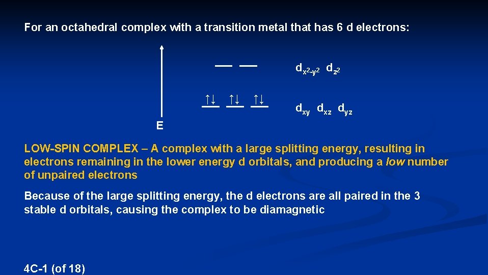 For an octahedral complex with a transition metal that has 6 d electrons: dx