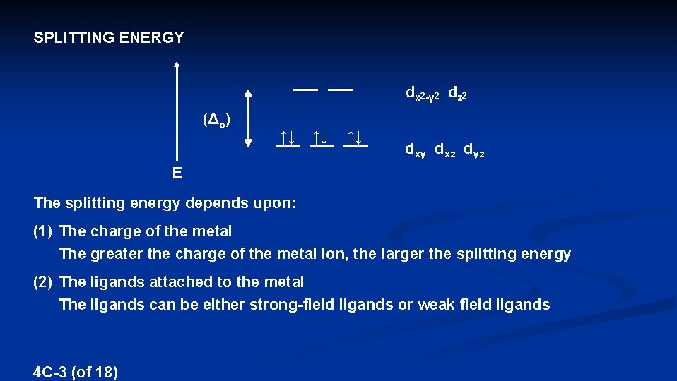 SPLITTING ENERGY dx 2 -y 2 dz 2 (Δo) ↑↓ ↑↓ ↑↓ dxy dxz