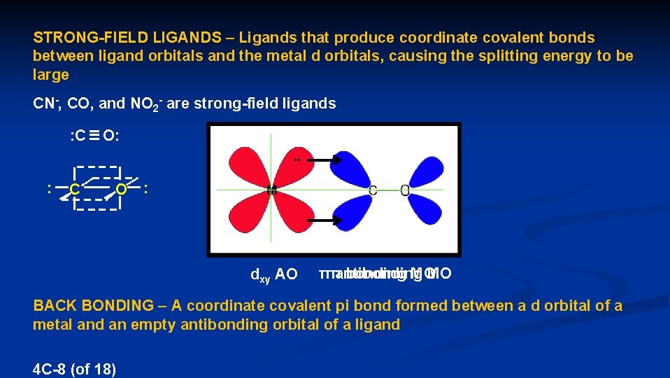 STRONG-FIELD LIGANDS – Ligands that produce coordinate covalent bonds between ligand orbitals and the