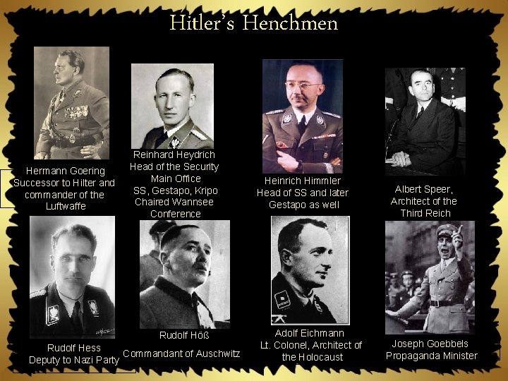 Hitler’s Henchmen Hermann Goering Successor to Hilter and commander of the Luftwaffe Reinhard Heydrich