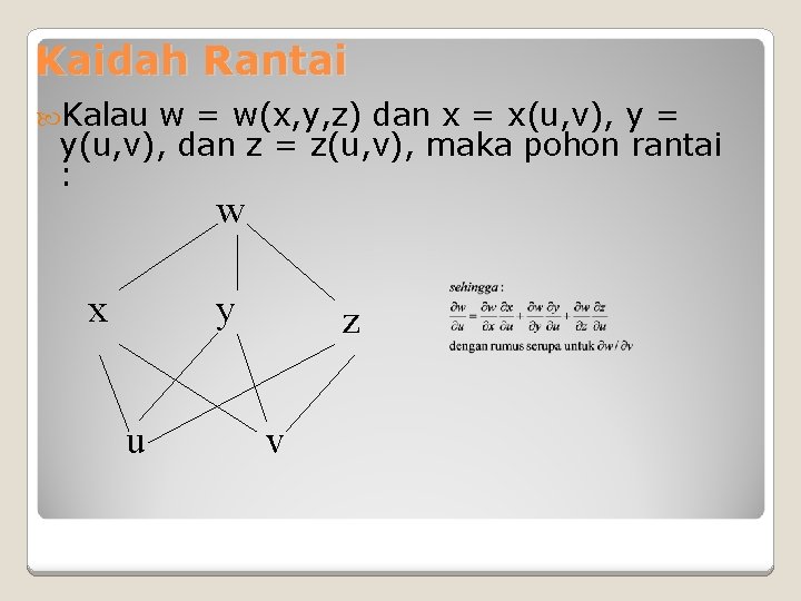 Kaidah Rantai Kalau w = w(x, y, z) dan x = x(u, v), y