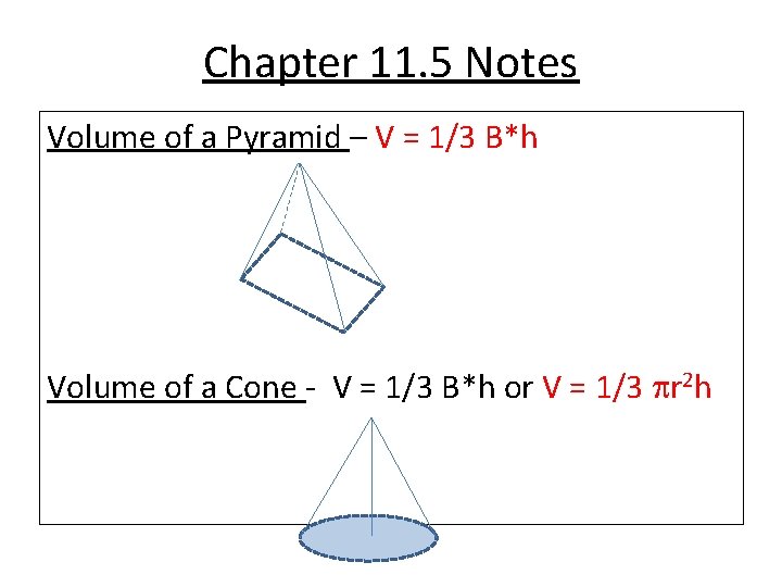 Chapter 11. 5 Notes Volume of a Pyramid – V = 1/3 B*h Volume