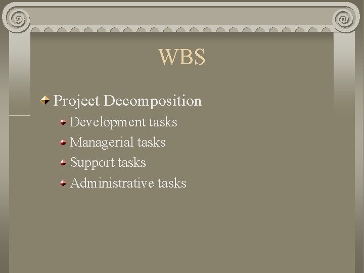 WBS Project Decomposition Development tasks Managerial tasks Support tasks Administrative tasks 