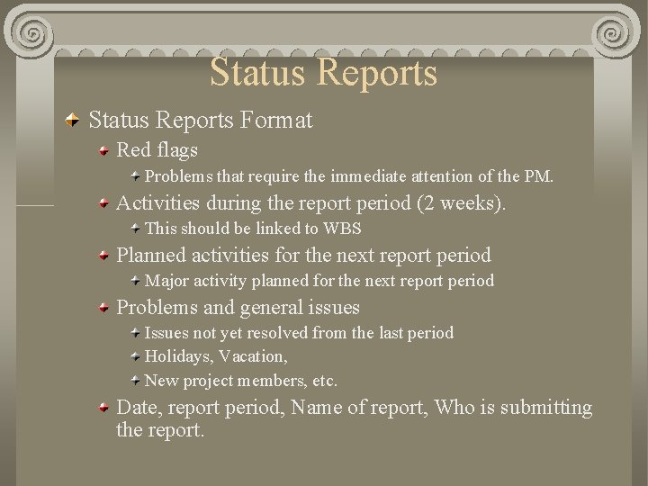 Status Reports Format Red flags Problems that require the immediate attention of the PM.