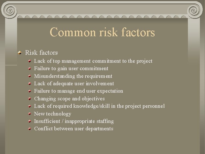 Common risk factors Risk factors Lack of top management commitment to the project Failure