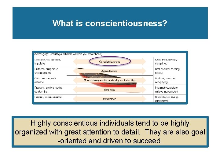 What is conscientiousness? Highly conscientious individuals tend to be highly organized with great attention What is conscientiousness? Highly conscientious individuals tend to be highly organized with great attention