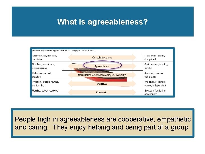 What is agreeableness? People high in agreeableness are cooperative, empathetic and caring. They enjoy What is agreeableness? People high in agreeableness are cooperative, empathetic and caring. They enjoy