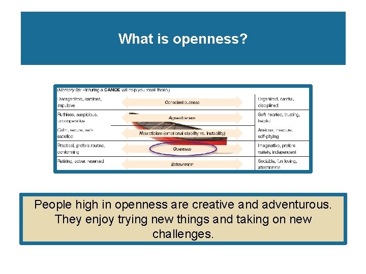 What is openness? People high in openness are creative and adventurous. They enjoy trying What is openness? People high in openness are creative and adventurous. They enjoy trying