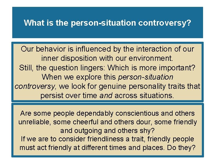 What is the person-situation controversy? Our behavior is influenced by the interaction of our What is the person-situation controversy? Our behavior is influenced by the interaction of our