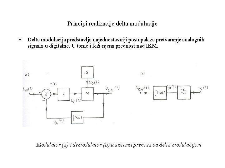 Principi realizacije delta modulacije • Delta modulacija predstavlja najednostavniji postupak za pretvaranje analognih signala