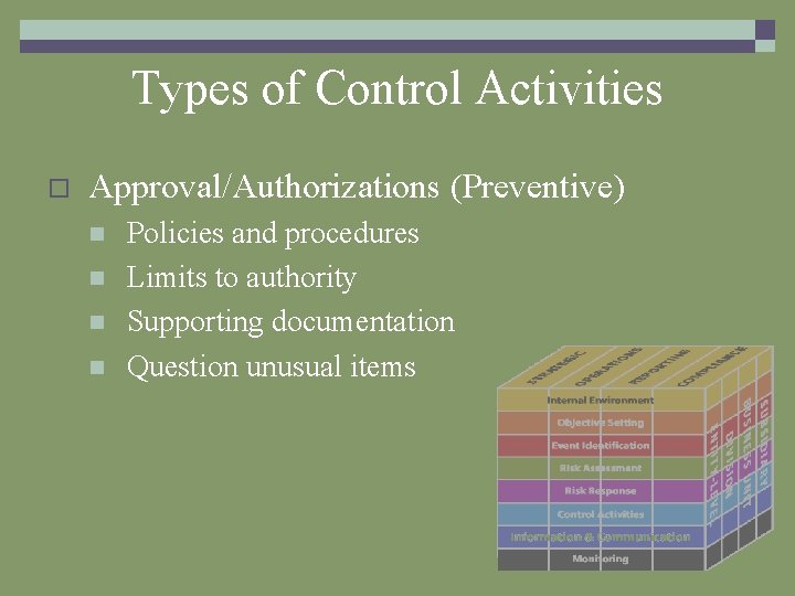 Types of Control Activities o Approval/Authorizations (Preventive) n n Policies and procedures Limits to