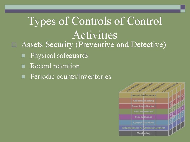 Types of Control Activities o Assets Security (Preventive and Detective) n n n Physical