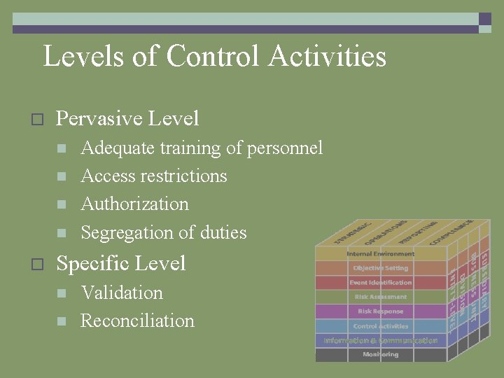 Levels of Control Activities o Pervasive Level n n o Adequate training of personnel