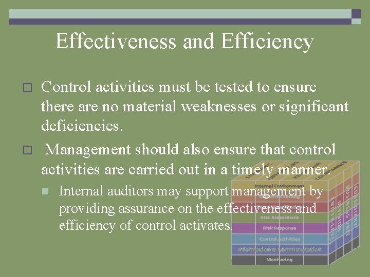 Effectiveness and Efficiency o o Control activities must be tested to ensure there are