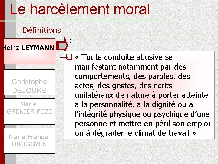 Le harcèlement moral Définitions Heinz LEYMANN Christophe DEJOURS Marie GRENIER PEZE Marie France HIRIGOYEN