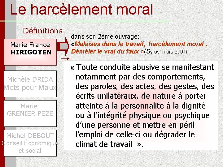Le harcèlement moral Définitions Marie France HIRIGOYEN dans son 2ème ouvrage: «Malaises dans le