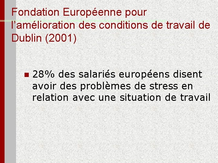Fondation Européenne pour l’amélioration des conditions de travail de Dublin (2001) n 28% des