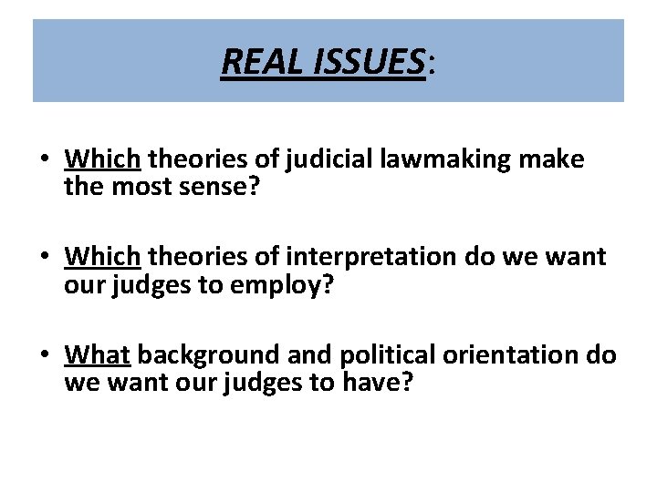 REAL ISSUES: • Which theories of judicial lawmaking make the most sense? • Which