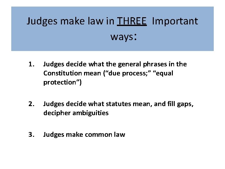 Judges make law in THREE Important ways: 1. Judges decide what the general phrases