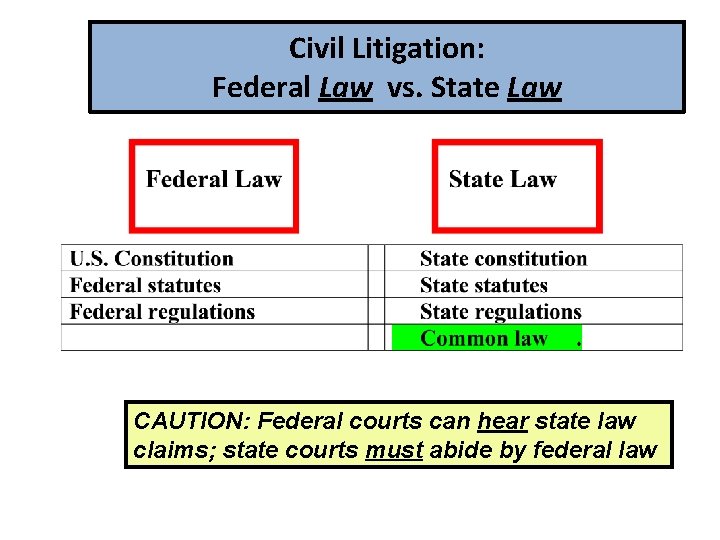 Civil Litigation: Federal Law vs. State Law CAUTION: Federal courts can hear state law