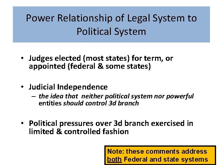 Power Relationship of Legal System to Political System • Judges elected (most states) for